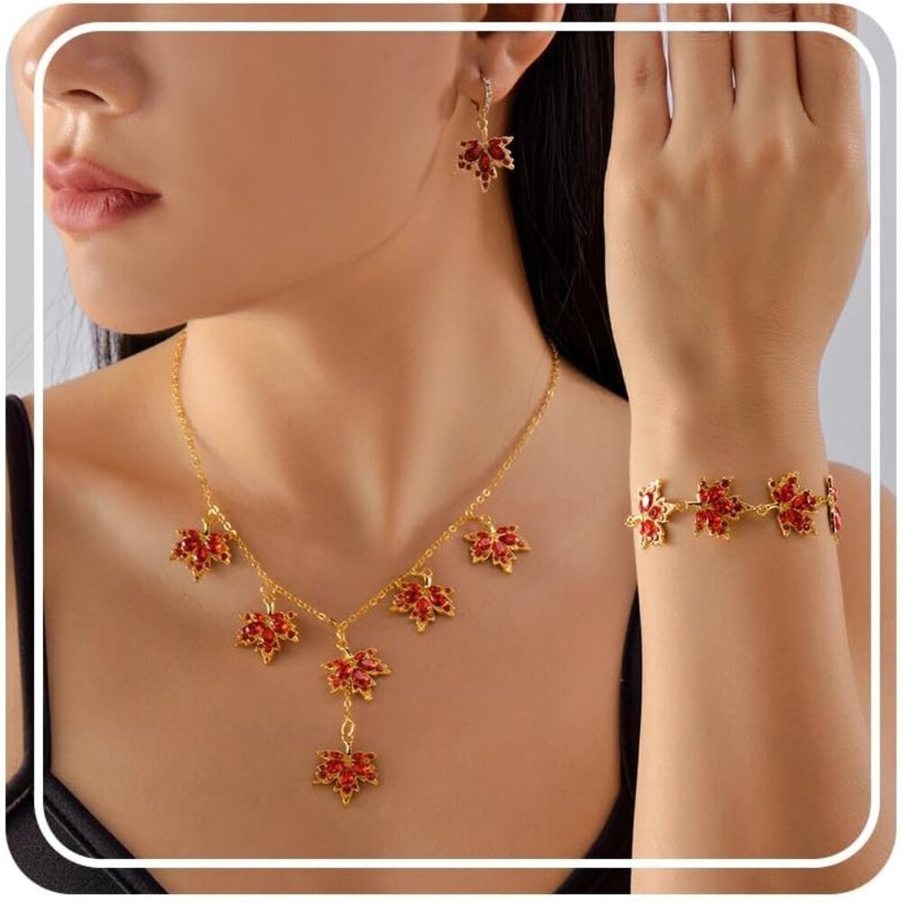 3pcs Autumn Maple Leaf Fall Jewelry Set For Women Thanksgiving Leaf Necklace Ora